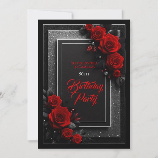 Invitation d'anniversaire Glamour Noir Roses Rouge (Devant)