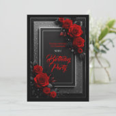 Invitation d'anniversaire Glamour Noir Roses Rouge (Debout devant)