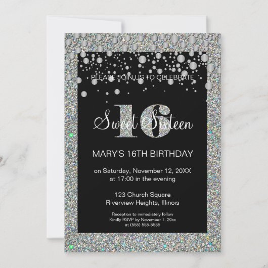Invitation d'anniversaire Glitter Sweet 16 (Devant)