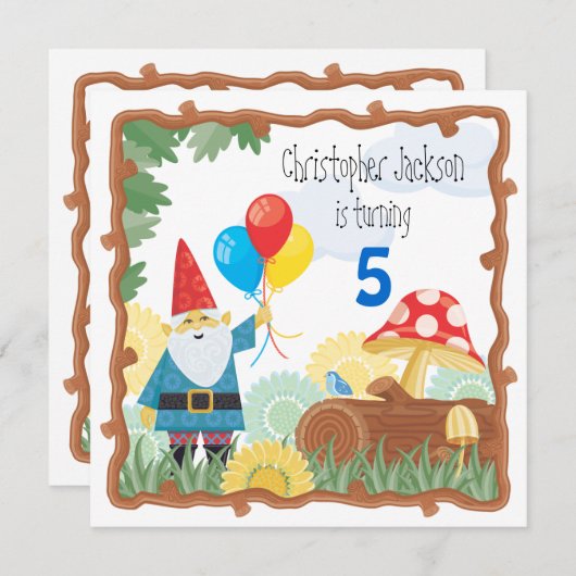 Invitation d'anniversaire Gnome (Devant / Derrière)