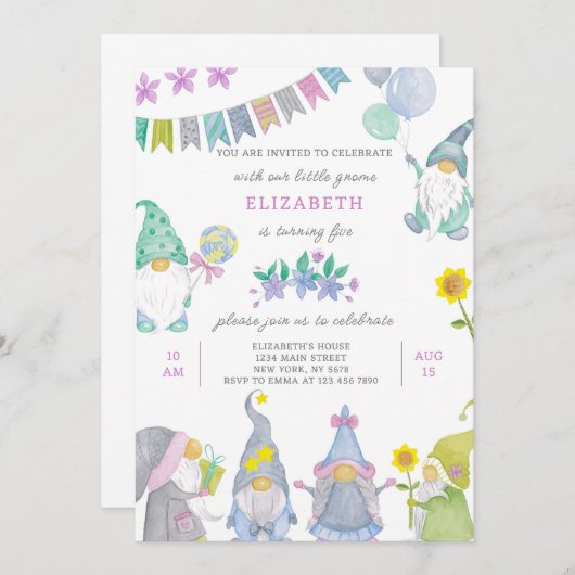 Invitation d'anniversaire Gnome (Devant / Derrière)