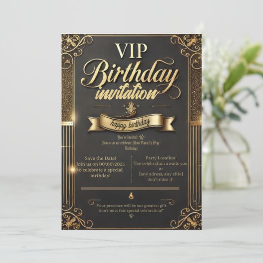 Invitation d'anniversaire Gold & Black de luxe (Debout devant)