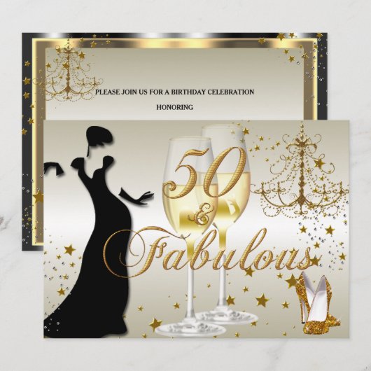 Invitation d'anniversaire Gold Sparkle 50 & Fabule (Devant / Derrière)