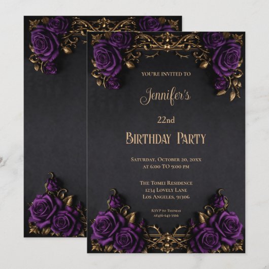 Invitation d'anniversaire gothique floral (Devant / Derrière)