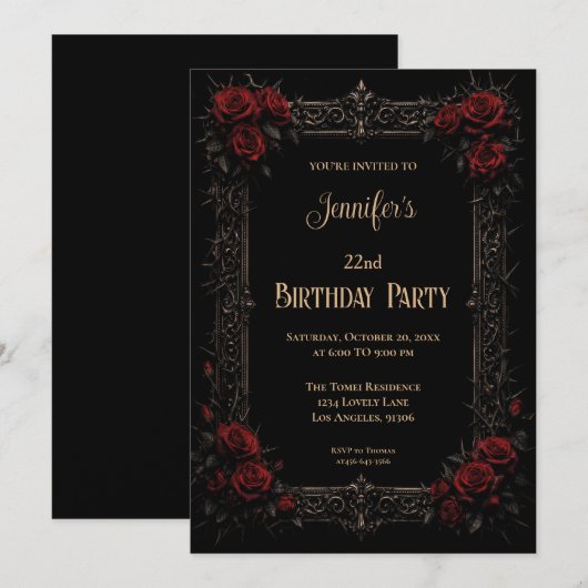 Invitation d'anniversaire gothique floral (Devant / Derrière)