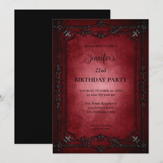 Invitation d'anniversaire gothique rouge foncé (Devant / Derrière)