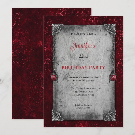 Invitation d'anniversaire gothique rouge foncé (Devant / Derrière)