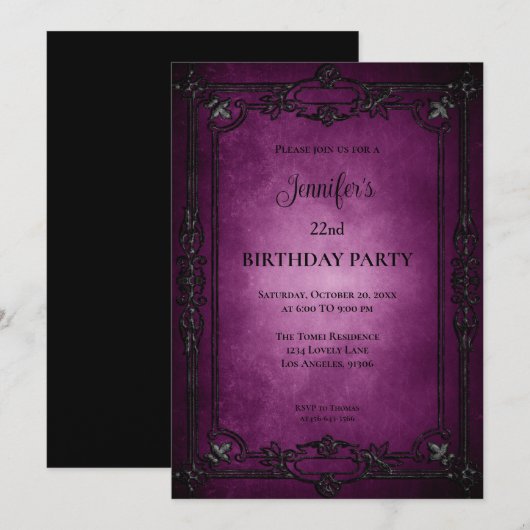 Invitation d'anniversaire gothique violet foncé (Devant / Derrière)