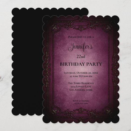 Invitation d'anniversaire gothique violet foncé (Devant / Derrière)