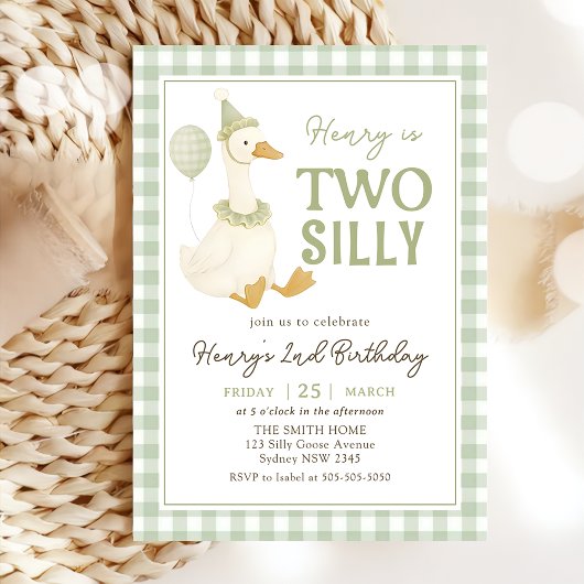 Invitation d'anniversaire Green Gingham Two Silly