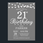 Invitation d'anniversaire Grey and White<br><div class="desc">21e Invitation d'anniversaire avec des lampes à cordes. Arrière - plan gris. Invitation anniversaire d'élégante femme ou homme. 13e 15e 16e 18e 20e 21e 30e 40e 50e 60e 70e 80e 90e 100e, n'importe quel âge. Pour plus de personnalisation, cliquez sur le bouton "Customiser" et utilisez notre outil de conception pour...</div>