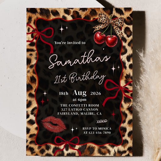 Invitation d'anniversaire Guépard Léopard Cerises