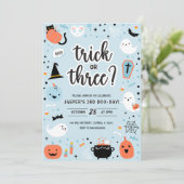Invitation d'anniversaire Halloween 3 ans bleu et (Debout devant)