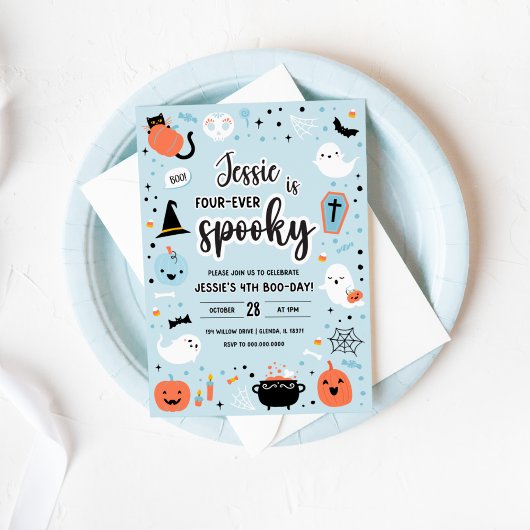 Invitation d'anniversaire Halloween 4 ans bleu et