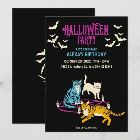 Invitation d'anniversaire Halloween culte de chat (Devant / Derrière)