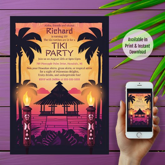 Invitation d'anniversaire hawaïenne Tiki colorée
