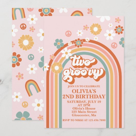 Invitation d'anniversaire Hippie Rainbow Two Groov (Devant / Derrière)