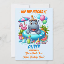 Invitation d'anniversaire Hippo Pool Party HipHip