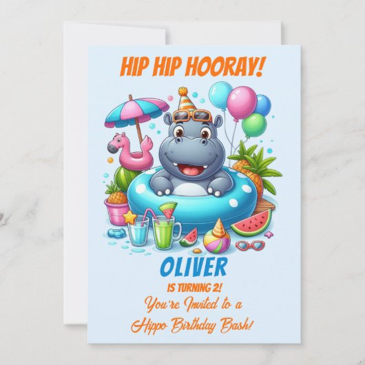 Invitation d'anniversaire Hippo Pool Party HipHip (Devant)