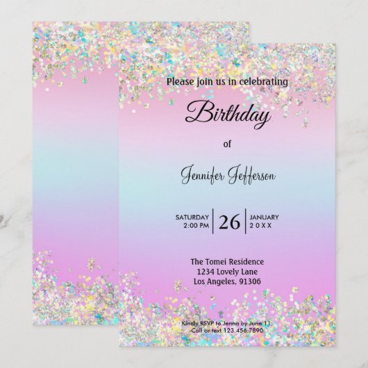 Invitation d'anniversaire holographique moderne (Devant / Derrière)