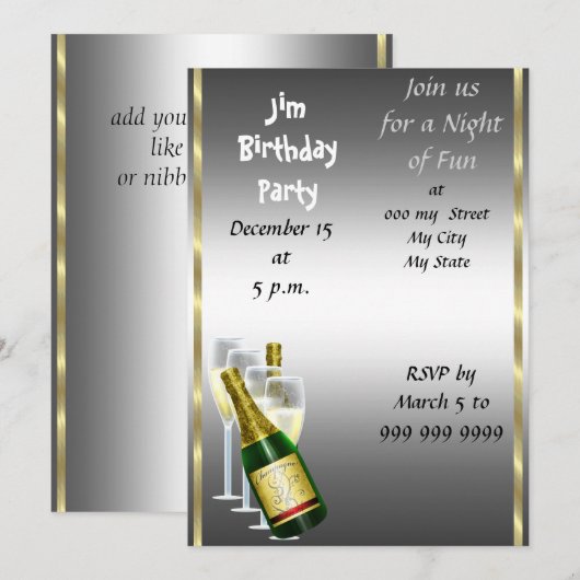 Invitation d'anniversaire homme argent (Devant / Derrière)