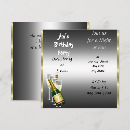 Invitation d'anniversaire homme argent (Devant / Derrière)