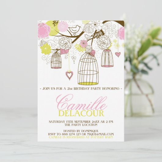 Invitation d'anniversaire Jaune et Rose (Debout devant)