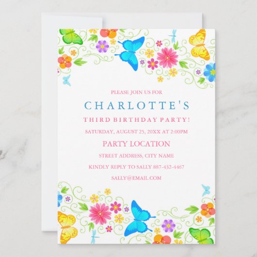 Invitation d'anniversaire jolie papillon (Devant)