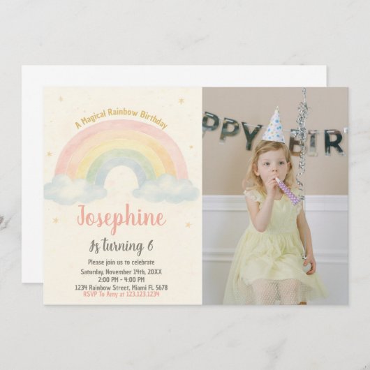 Invitation d'anniversaire joyeuse à arc-en-ciel (Devant / Derrière)