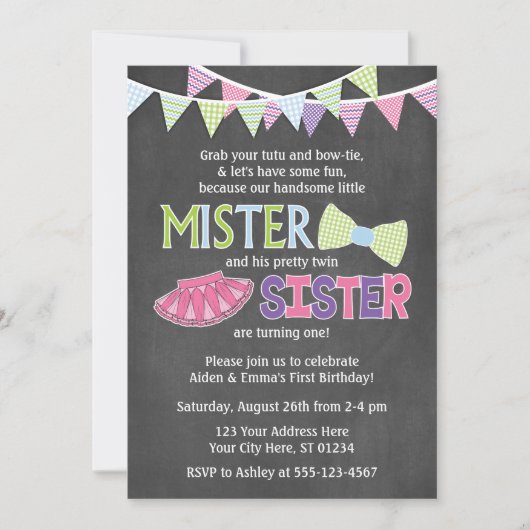Invitation d'anniversaire jumeaux | Tutus et Invit (Devant)