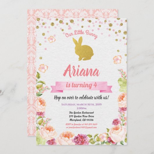 Invitation d'anniversaire lapin de Pâques pour fil (Devant / Derrière)