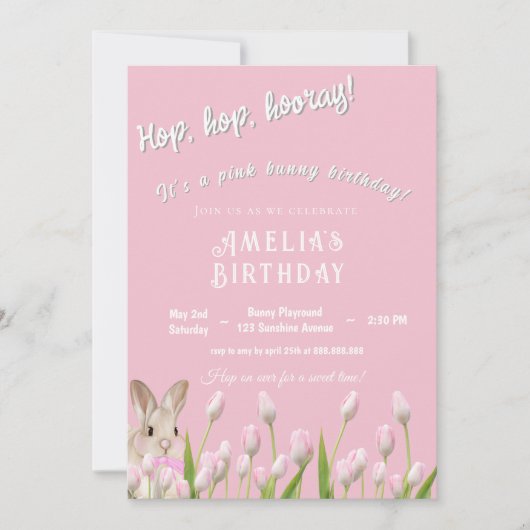 Invitation d'anniversaire Lapin Rose Mignon & Tuli (Devant)