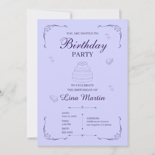 Invitation d'anniversaire lavande (Devant)