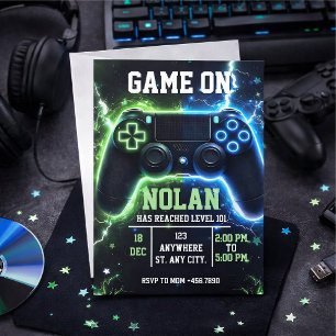 Invitation d'anniversaire Level Up Gamer – Jeu néo