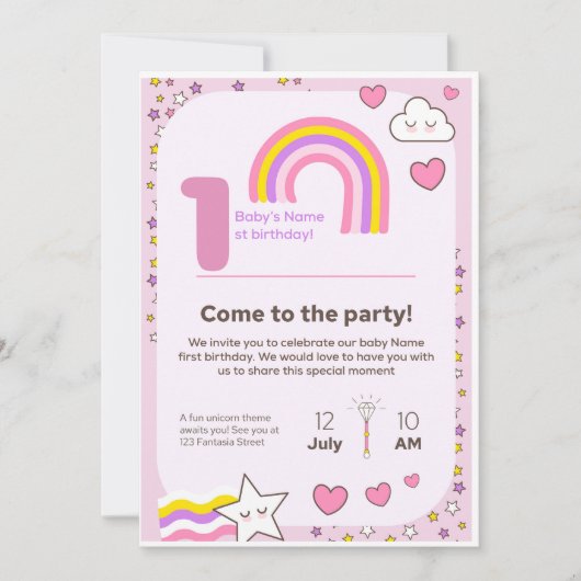 Invitation d'anniversaire licorne  (Devant)