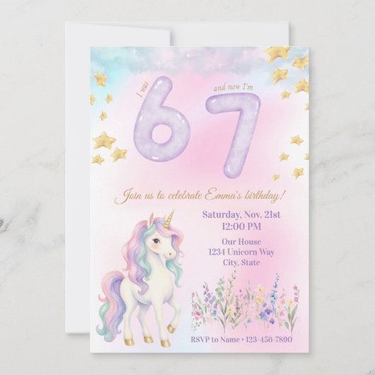 Invitation d'anniversaire Licorne 6-7 ans (Devant)
