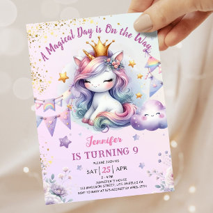 Invitation d'anniversaire licorne 9 ans Fille Rose