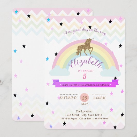 Invitation d'anniversaire Licorne adorable, Étoile (Devant / Derrière)