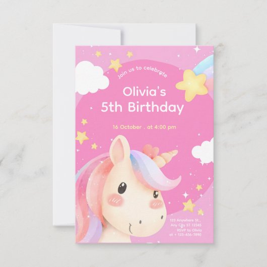 Invitation d'anniversaire licorne aquarelle rose (Devant)