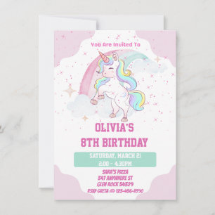 Invitation d'anniversaire licorne arc-en-ciel et p