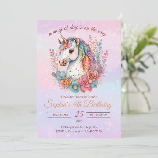Invitation d'anniversaire Licorne Arc-en-ciel Fill (Debout devant)