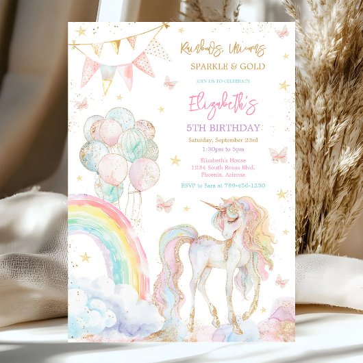 Invitation d'anniversaire Licorne Arc-en-ciel Or