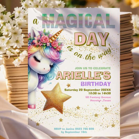 Invitation d'anniversaire licorne arc-en-ciel pail