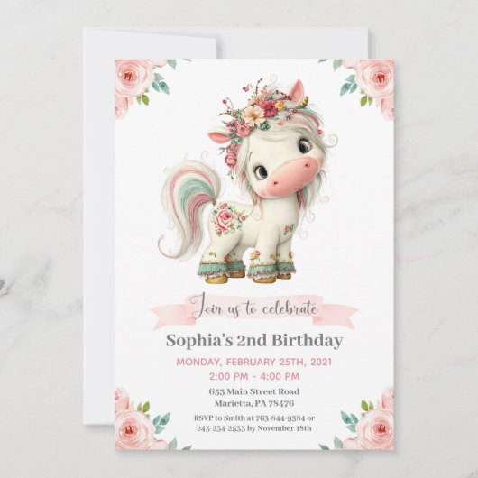 Invitation d'anniversaire licorne bébé fille (Devant)