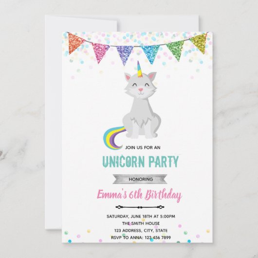 Invitation d'anniversaire licorne chat (Devant)