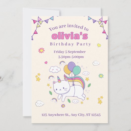 Invitation d'anniversaire licorne chat arc-en-ciel (Devant)