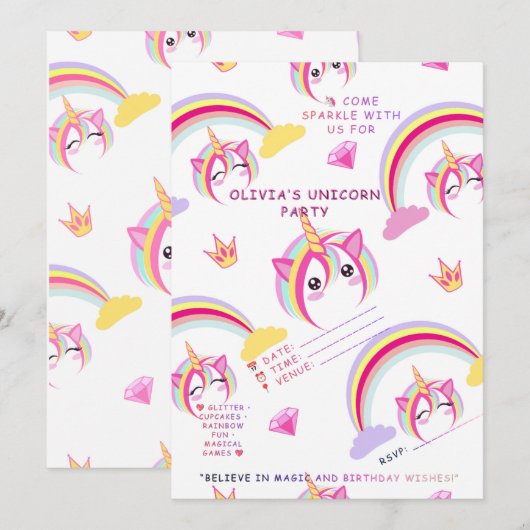 Invitation d'anniversaire Licorne – Création Magiq (Devant / Derrière)