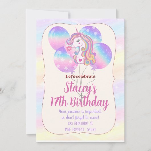 Invitation d'anniversaire Licorne Étincelles et Ba (Devant)