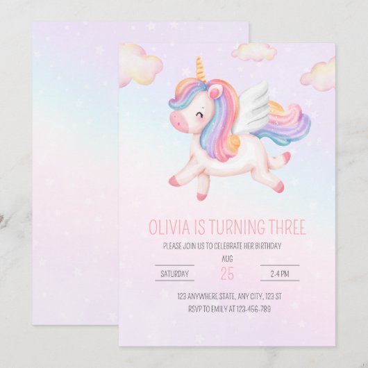Invitation d'anniversaire Licorne, Fête Licorne Ar (Devant / Derrière)