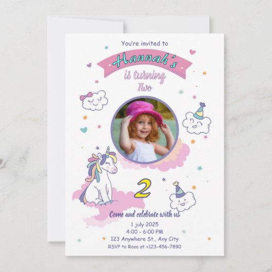 Invitation d'anniversaire licorne fille (Devant)